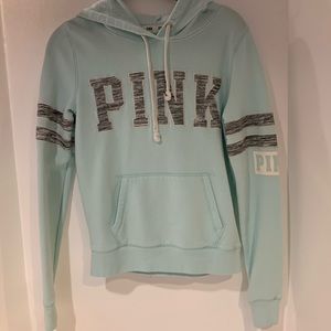 Victoria Secret PINK fleece hoodie pullover lite blue/grey letters. No size labe